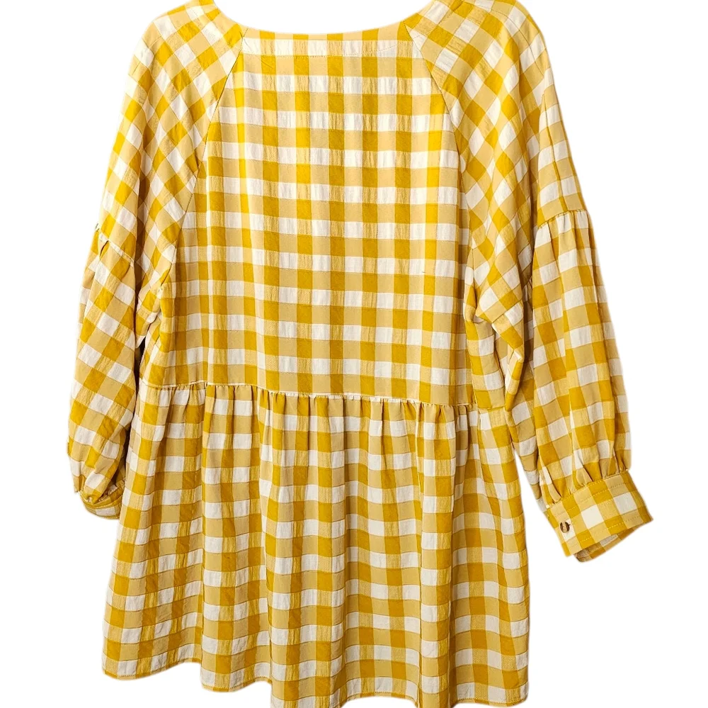 Maeve April Babydoll Gingham Blouse Gold White Button Puff Sleeve V-Neck M
